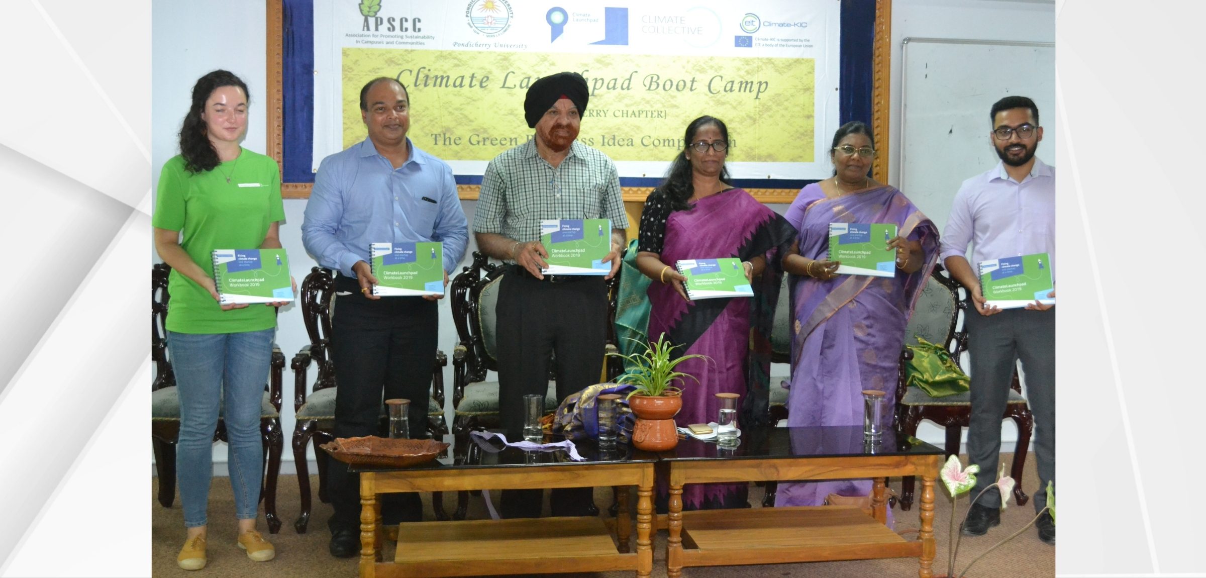 ClimateLaunchpad Boot Camp, Puducherry Chapter — dignitaries with the ClimateLaunchpad Workbook 2019 at Pondicherry University