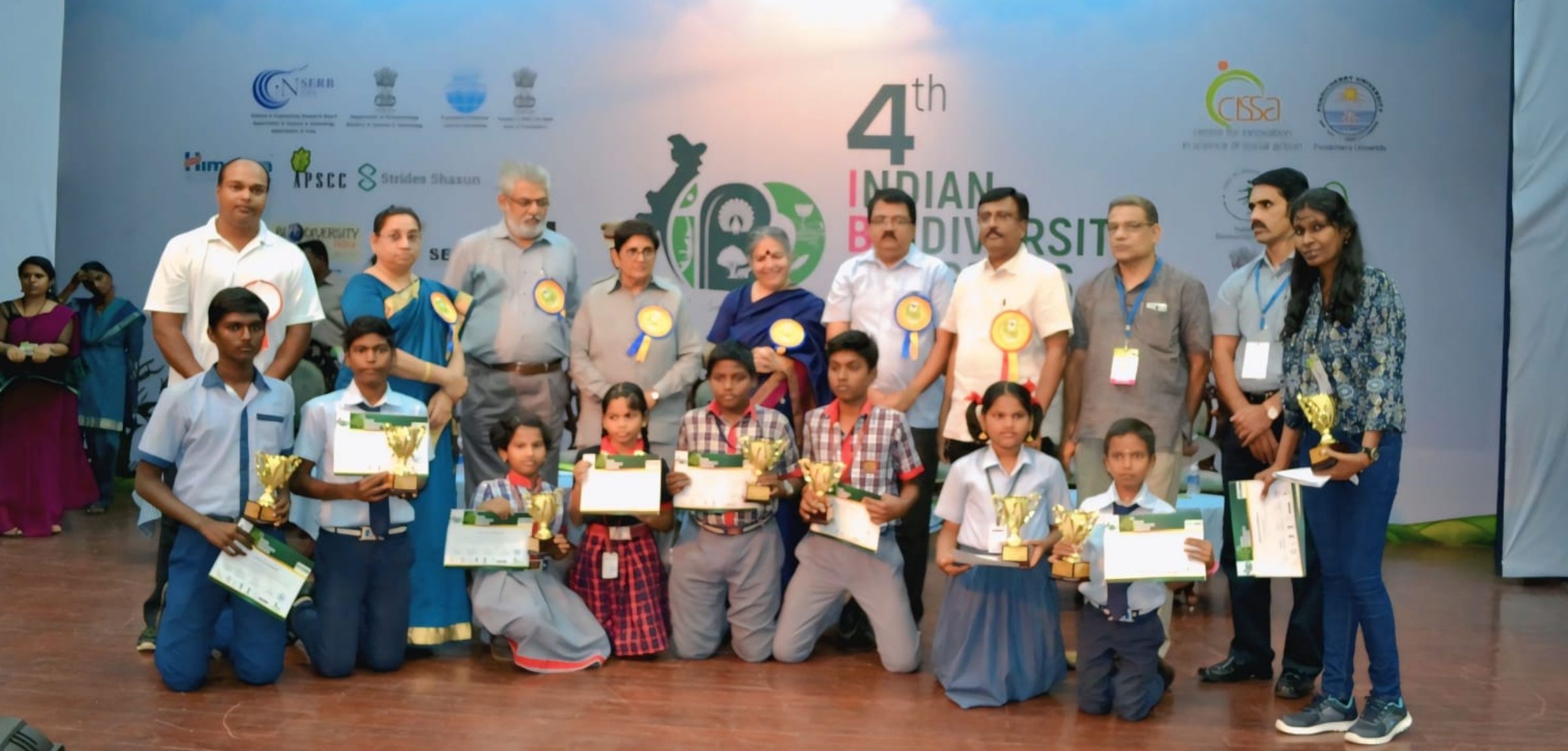 Young winners of the Climate Change and Biodiversity drawing contest with their trophies and certificates at the 4th Indian Biodiversity Congress