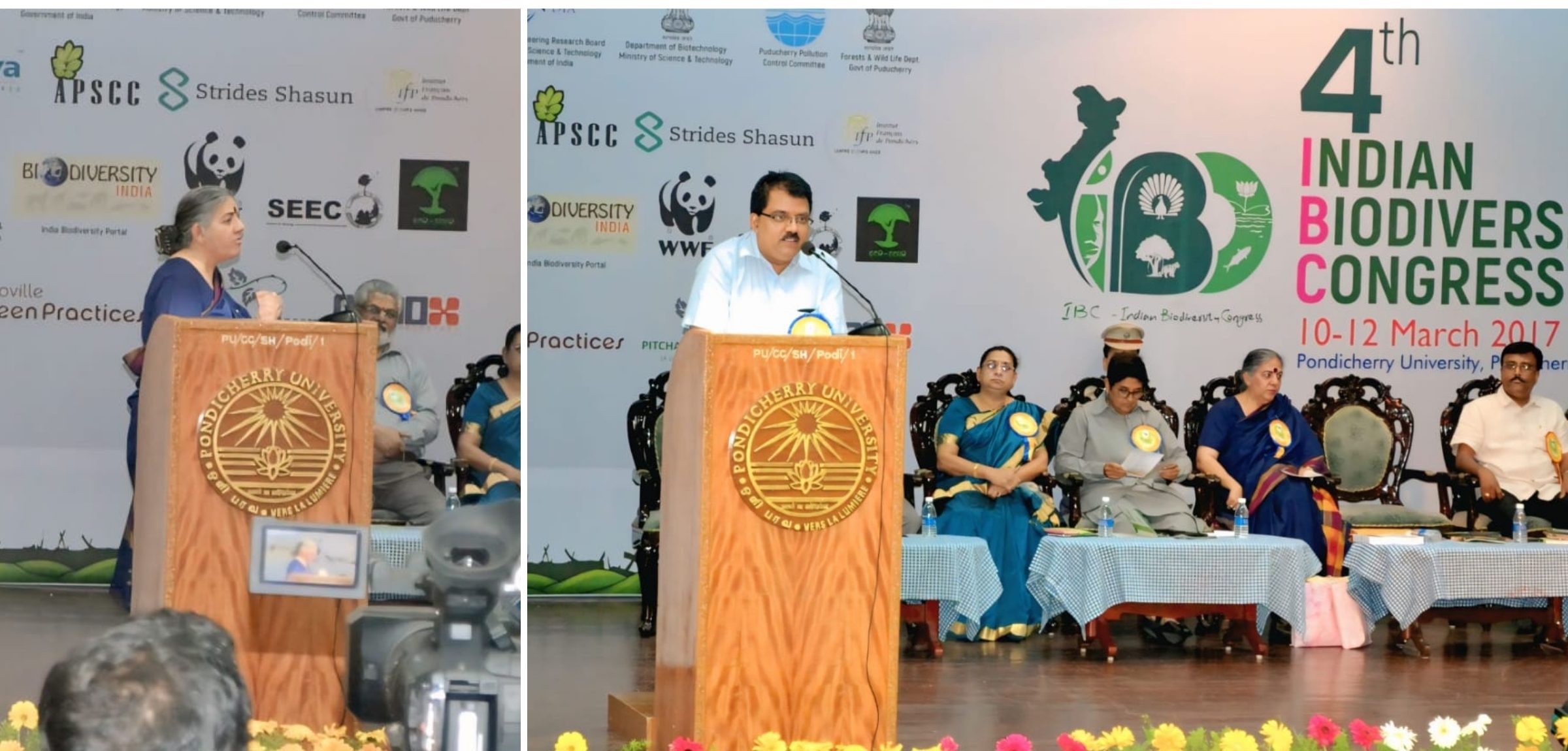 Speakers at the 4th Indian Biodiversity Congress at Pondicherry University, including environmental thinker Vandana Shiva addressing the gathering